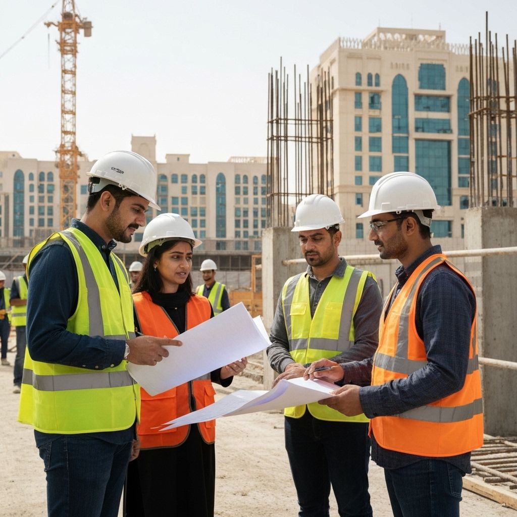 Professional Middle East workers in diverse job roles - Construction, hospitality, and manufacturing jobs facilitated by Shalima Overseas Consulting